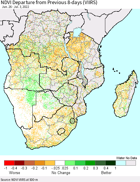 Southern Africa NDVI Departure from Previous 8-days (VIIRS) Thematic Map For 6/26/2022 - 7/3/2022