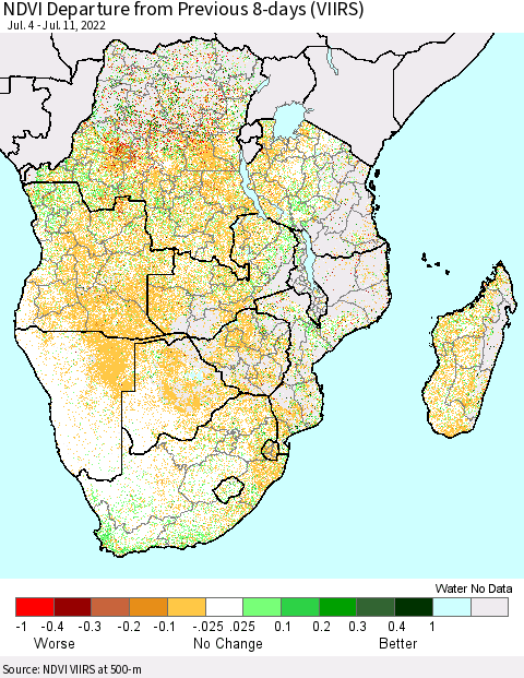 Southern Africa NDVI Departure from Previous 8-days (VIIRS) Thematic Map For 7/4/2022 - 7/11/2022