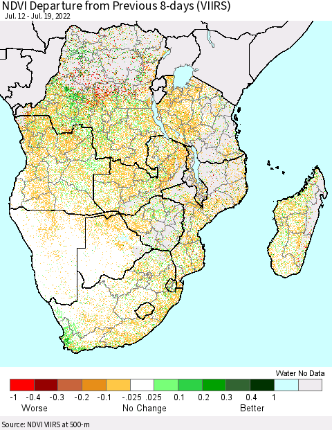 Southern Africa NDVI Departure from Previous 8-days (VIIRS) Thematic Map For 7/12/2022 - 7/19/2022