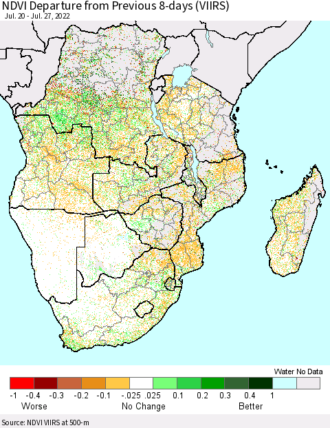 Southern Africa NDVI Departure from Previous 8-days (VIIRS) Thematic Map For 7/20/2022 - 7/27/2022
