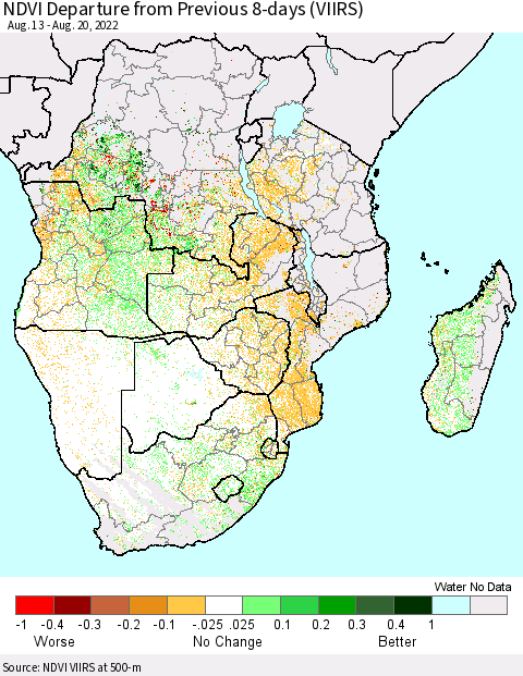 Southern Africa NDVI Departure from Previous 8-days (VIIRS) Thematic Map For 8/13/2022 - 8/20/2022