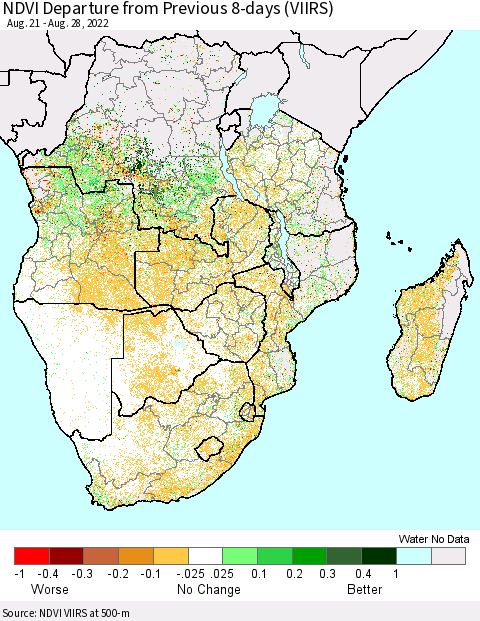 Southern Africa NDVI Departure from Previous 8-days (VIIRS) Thematic Map For 8/21/2022 - 8/28/2022