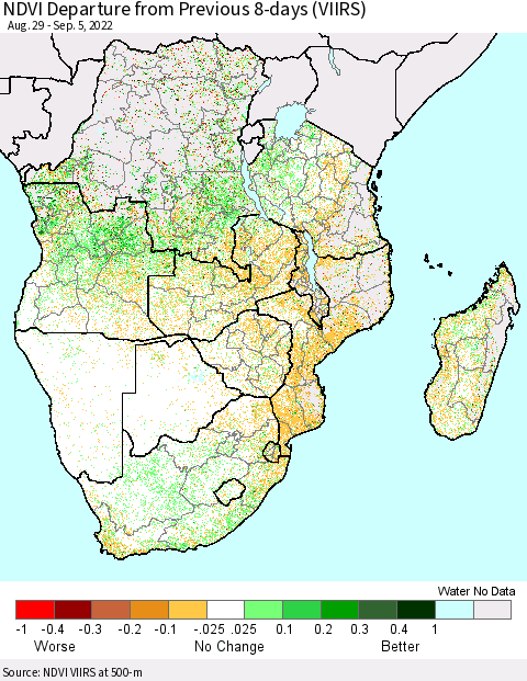 Southern Africa NDVI Departure from Previous 8-days (VIIRS) Thematic Map For 8/29/2022 - 9/5/2022