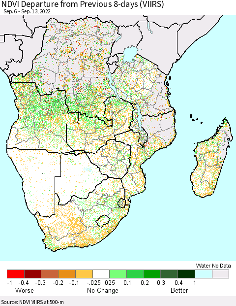 Southern Africa NDVI Departure from Previous 8-days (VIIRS) Thematic Map For 9/6/2022 - 9/13/2022