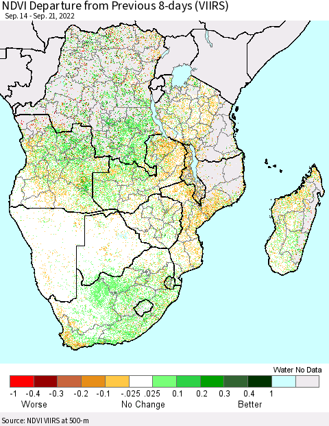 Southern Africa NDVI Departure from Previous 8-days (VIIRS) Thematic Map For 9/14/2022 - 9/21/2022