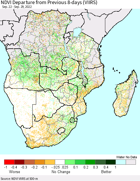 Southern Africa NDVI Departure from Previous 8-days (VIIRS) Thematic Map For 9/22/2022 - 9/29/2022