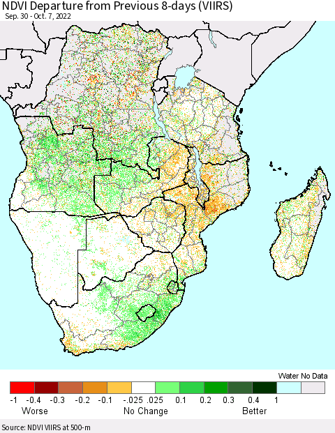 Southern Africa NDVI Departure from Previous 8-days (VIIRS) Thematic Map For 9/30/2022 - 10/7/2022