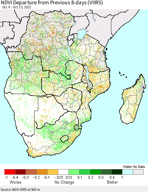 Southern Africa NDVI Departure from Previous 8-days (VIIRS) Thematic Map For 10/8/2022 - 10/15/2022