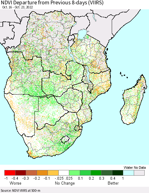 Southern Africa NDVI Departure from Previous 8-days (VIIRS) Thematic Map For 10/16/2022 - 10/23/2022