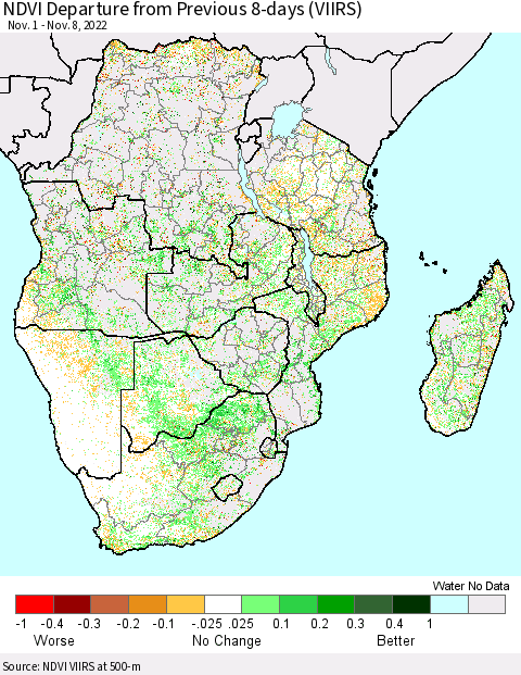 Southern Africa NDVI Departure from Previous 8-days (VIIRS) Thematic Map For 11/1/2022 - 11/8/2022