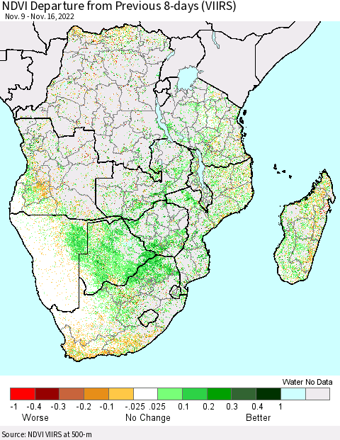 Southern Africa NDVI Departure from Previous 8-days (VIIRS) Thematic Map For 11/9/2022 - 11/16/2022