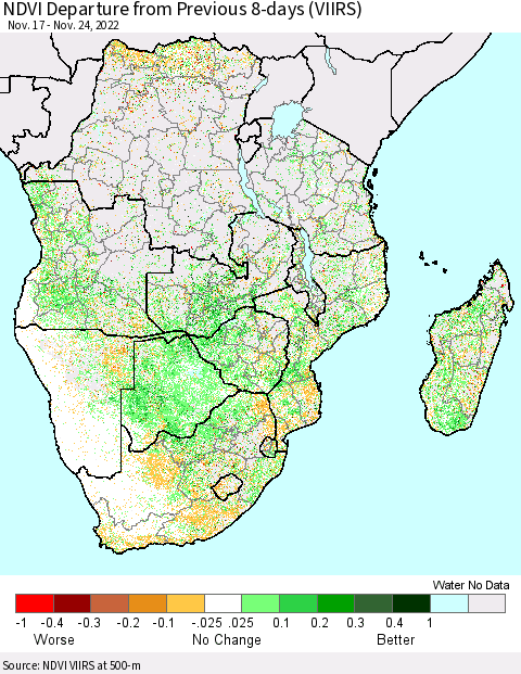 Southern Africa NDVI Departure from Previous 8-days (VIIRS) Thematic Map For 11/17/2022 - 11/24/2022