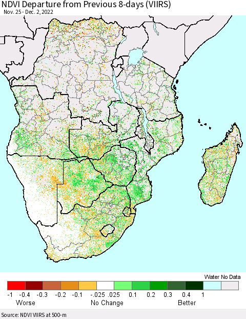 Southern Africa NDVI Departure from Previous 8-days (VIIRS) Thematic Map For 11/25/2022 - 12/2/2022