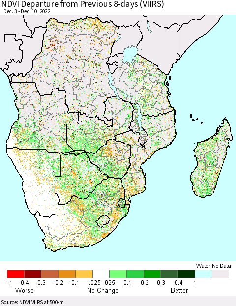 Southern Africa NDVI Departure from Previous 8-days (VIIRS) Thematic Map For 12/3/2022 - 12/10/2022