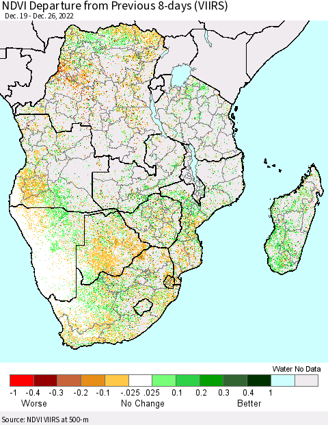 Southern Africa NDVI Departure from Previous 8-days (VIIRS) Thematic Map For 12/19/2022 - 12/26/2022