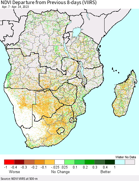 Southern Africa NDVI Departure from Previous 8-days (VIIRS) Thematic Map For 4/7/2023 - 4/14/2023