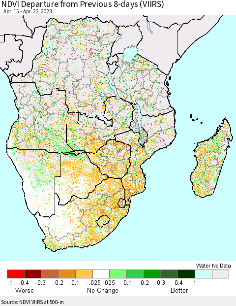 Southern Africa NDVI Departure from Previous 8-days (VIIRS) Thematic Map For 4/15/2023 - 4/22/2023