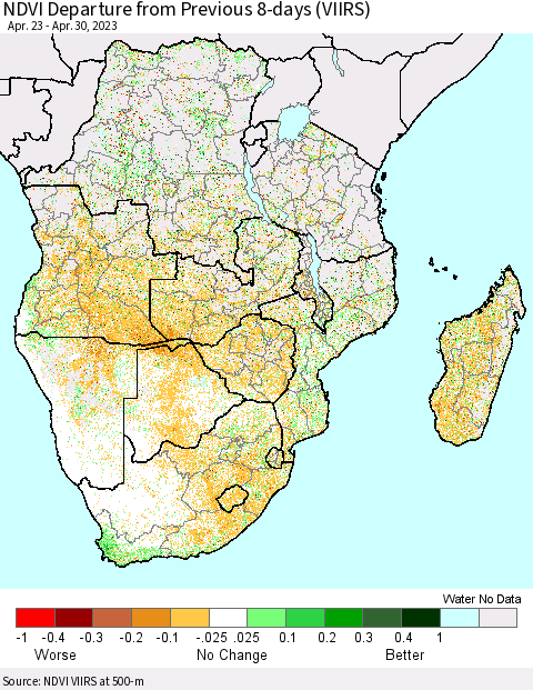 Southern Africa NDVI Departure from Previous 8-days (VIIRS) Thematic Map For 4/23/2023 - 4/30/2023