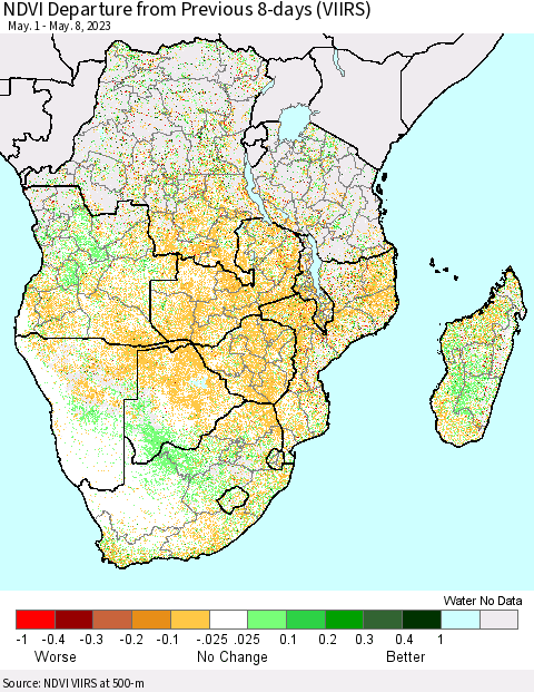 Southern Africa NDVI Departure from Previous 8-days (VIIRS) Thematic Map For 5/1/2023 - 5/8/2023