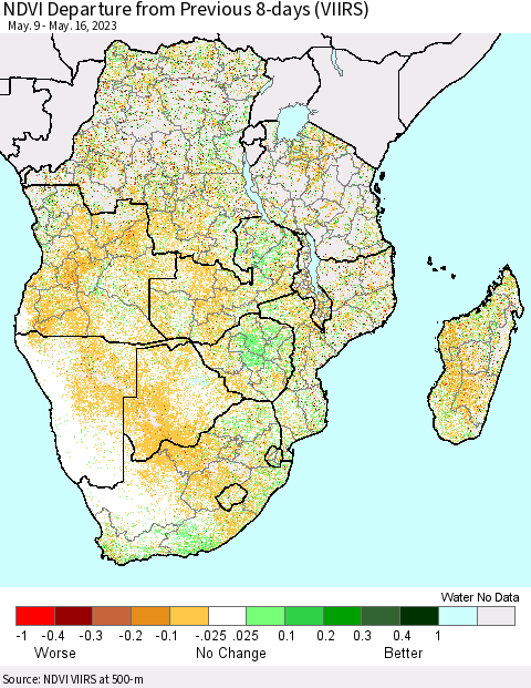 Southern Africa NDVI Departure from Previous 8-days (VIIRS) Thematic Map For 5/9/2023 - 5/16/2023