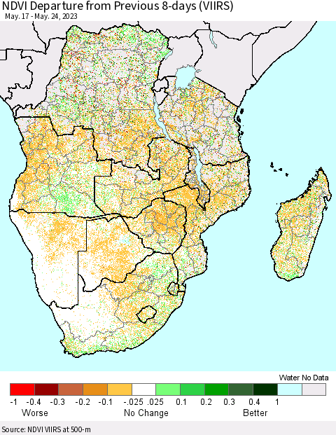 Southern Africa NDVI Departure from Previous 8-days (VIIRS) Thematic Map For 5/17/2023 - 5/24/2023
