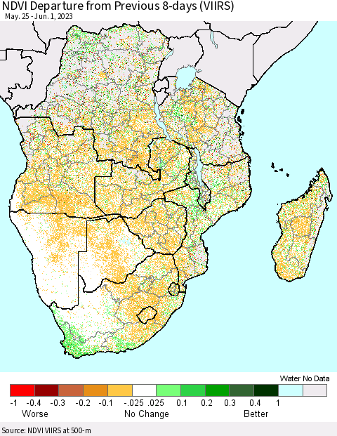 Southern Africa NDVI Departure from Previous 8-days (VIIRS) Thematic Map For 5/25/2023 - 6/1/2023