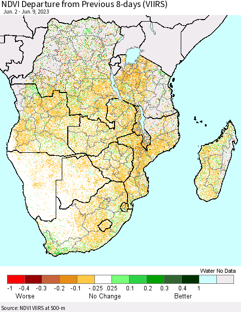 Southern Africa NDVI Departure from Previous 8-days (VIIRS) Thematic Map For 6/2/2023 - 6/9/2023