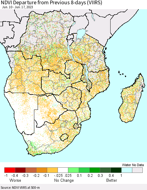 Southern Africa NDVI Departure from Previous 8-days (VIIRS) Thematic Map For 6/10/2023 - 6/17/2023
