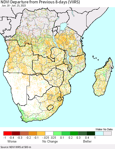 Southern Africa NDVI Departure from Previous 8-days (VIIRS) Thematic Map For 6/18/2023 - 6/25/2023