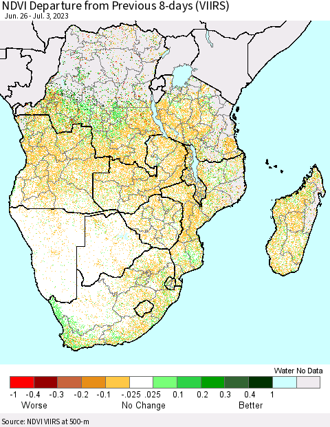 Southern Africa NDVI Departure from Previous 8-days (VIIRS) Thematic Map For 6/26/2023 - 7/3/2023