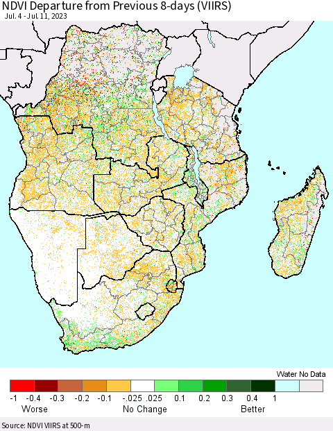 Southern Africa NDVI Departure from Previous 8-days (VIIRS) Thematic Map For 7/4/2023 - 7/11/2023