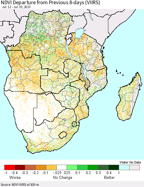 Southern Africa NDVI Departure from Previous 8-days (VIIRS) Thematic Map For 7/12/2023 - 7/19/2023