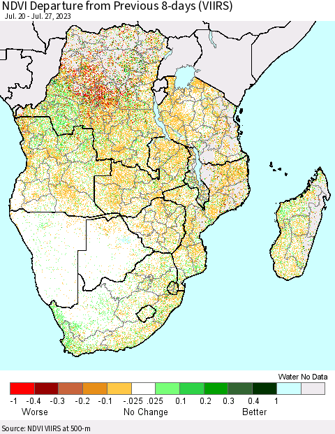 Southern Africa NDVI Departure from Previous 8-days (VIIRS) Thematic Map For 7/20/2023 - 7/27/2023
