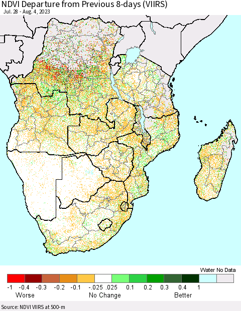 Southern Africa NDVI Departure from Previous 8-days (VIIRS) Thematic Map For 7/28/2023 - 8/4/2023