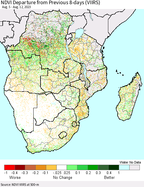 Southern Africa NDVI Departure from Previous 8-days (VIIRS) Thematic Map For 8/5/2023 - 8/12/2023