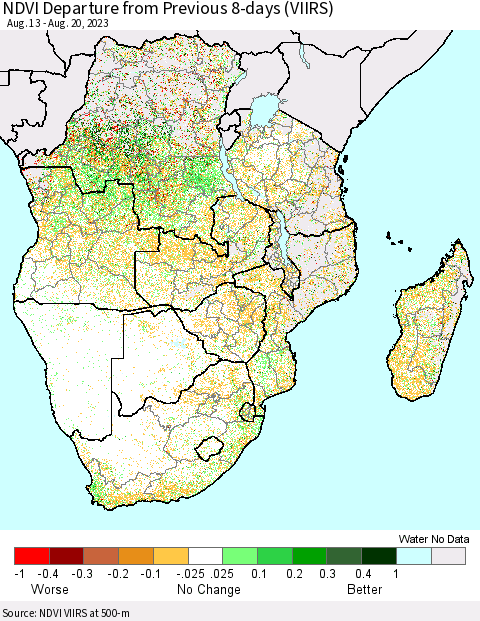 Southern Africa NDVI Departure from Previous 8-days (VIIRS) Thematic Map For 8/13/2023 - 8/20/2023