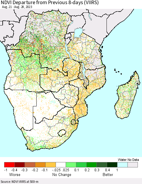 Southern Africa NDVI Departure from Previous 8-days (VIIRS) Thematic Map For 8/21/2023 - 8/28/2023