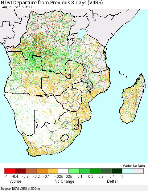 Southern Africa NDVI Departure from Previous 8-days (VIIRS) Thematic Map For 8/29/2023 - 9/5/2023