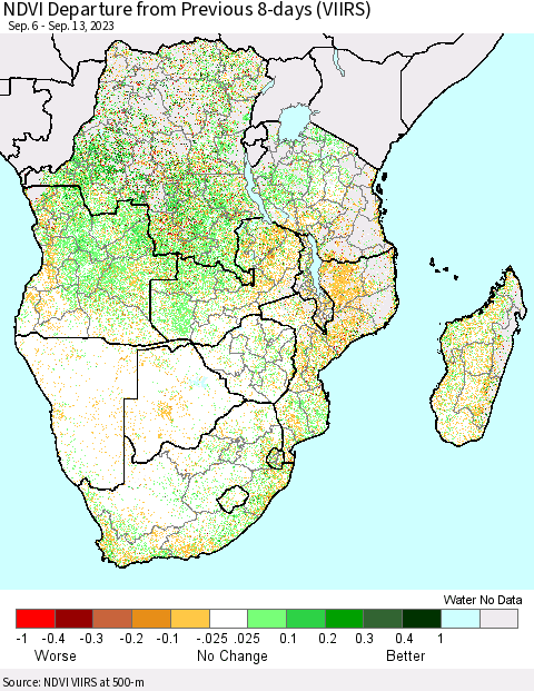 Southern Africa NDVI Departure from Previous 8-days (VIIRS) Thematic Map For 9/6/2023 - 9/13/2023