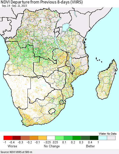 Southern Africa NDVI Departure from Previous 8-days (VIIRS) Thematic Map For 9/14/2023 - 9/21/2023