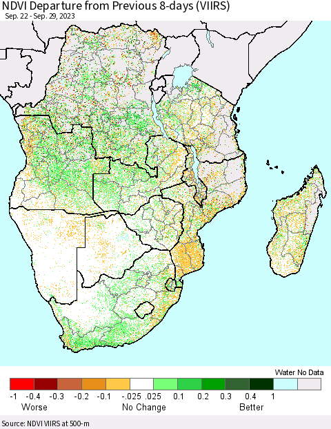 Southern Africa NDVI Departure from Previous 8-days (VIIRS) Thematic Map For 9/22/2023 - 9/29/2023
