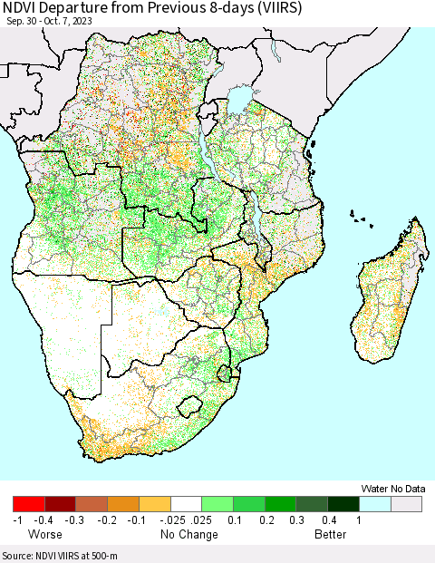 Southern Africa NDVI Departure from Previous 8-days (VIIRS) Thematic Map For 9/30/2023 - 10/7/2023