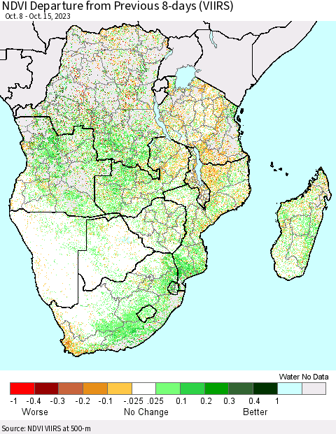 Southern Africa NDVI Departure from Previous 8-days (VIIRS) Thematic Map For 10/8/2023 - 10/15/2023