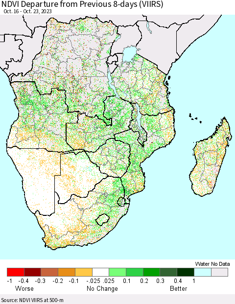 Southern Africa NDVI Departure from Previous 8-days (VIIRS) Thematic Map For 10/16/2023 - 10/23/2023