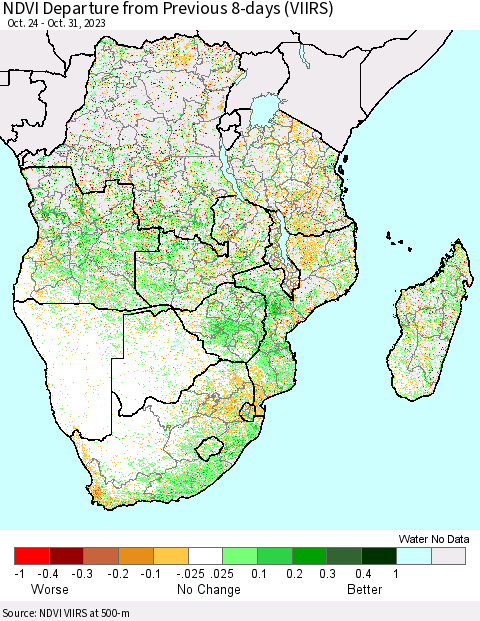 Southern Africa NDVI Departure from Previous 8-days (VIIRS) Thematic Map For 10/24/2023 - 10/31/2023