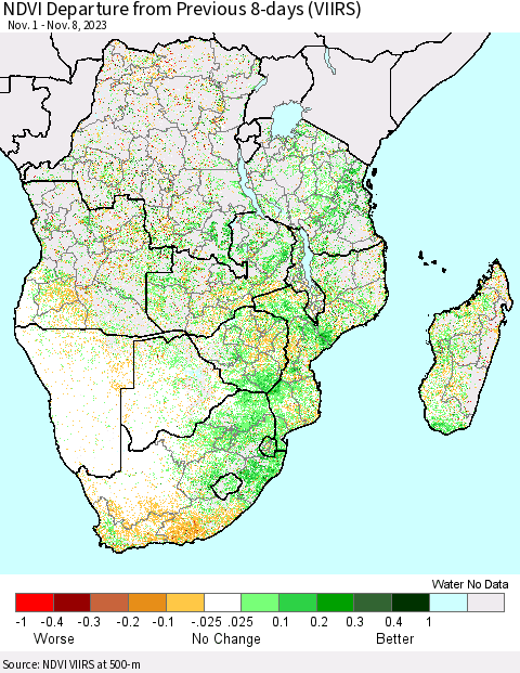 Southern Africa NDVI Departure from Previous 8-days (VIIRS) Thematic Map For 11/1/2023 - 11/8/2023
