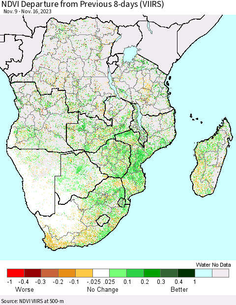 Southern Africa NDVI Departure from Previous 8-days (VIIRS) Thematic Map For 11/9/2023 - 11/16/2023
