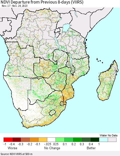 Southern Africa NDVI Departure from Previous 8-days (VIIRS) Thematic Map For 11/17/2023 - 11/24/2023