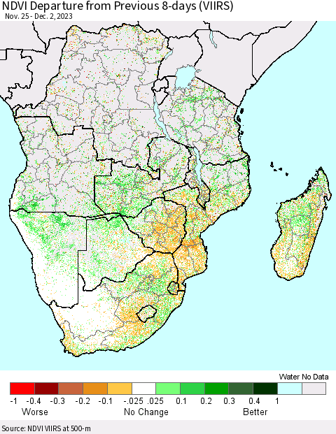 Southern Africa NDVI Departure from Previous 8-days (VIIRS) Thematic Map For 11/25/2023 - 12/2/2023