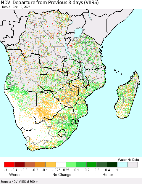 Southern Africa NDVI Departure from Previous 8-days (VIIRS) Thematic Map For 12/3/2023 - 12/10/2023
